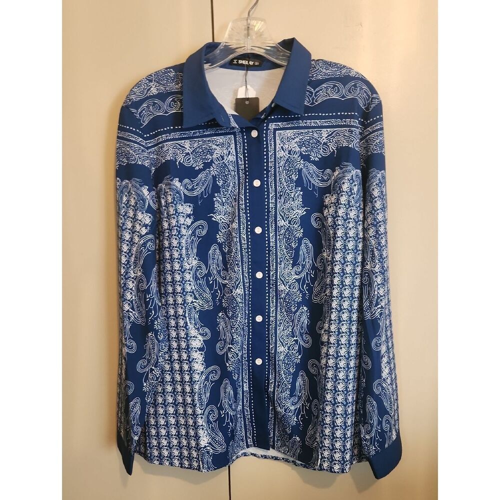 F44 Sheilay Blue & White Paisley print Button-Up Blouse - Western cowgirl NWT